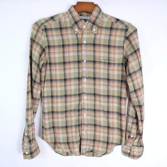 Gustin Men's Small Olive Green Plaid Lightweight Flannel Button Down Shirt USA - Picture 1 of 10